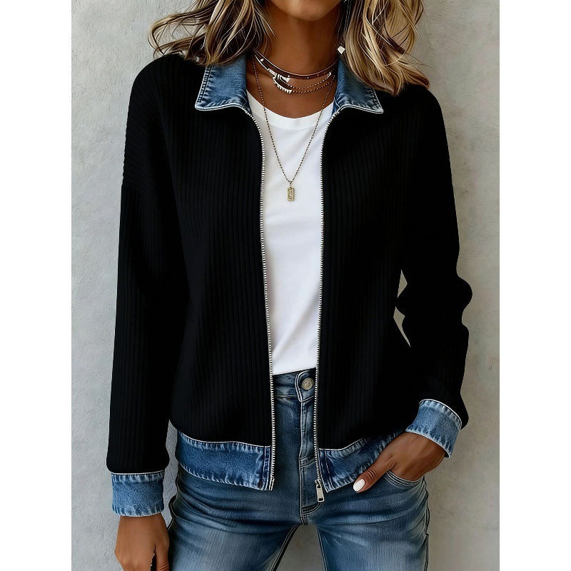 Women's Denim Patchwork Zip-Up Cardigan