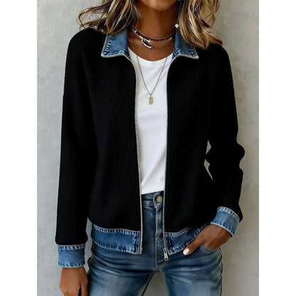 Women's Denim Patchwork Zip-Up Cardigan