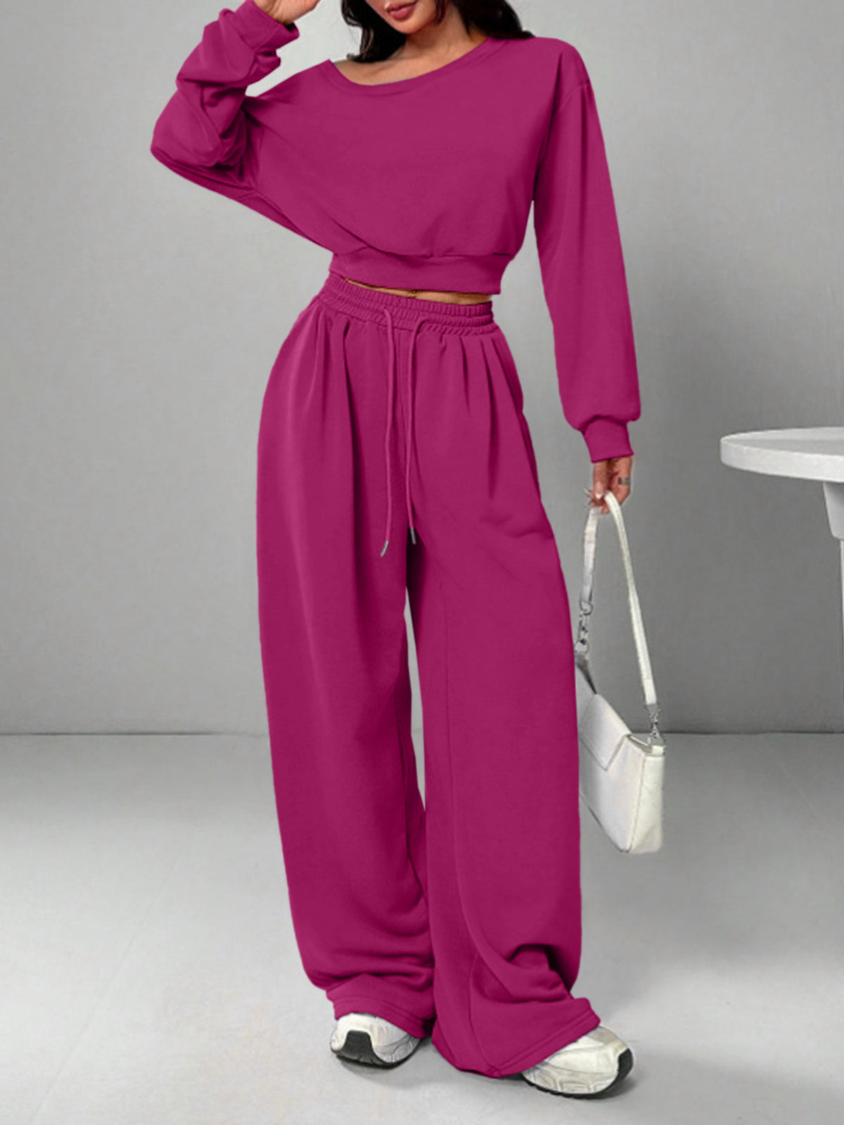 Off Shoulder Crop Sweatshirt Wide Leg Sweatpants Set