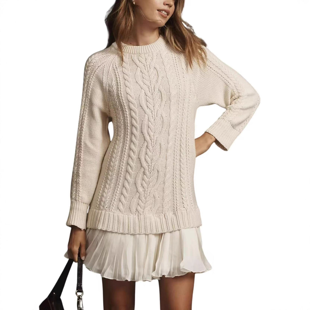 Women's Cable Knit Crew Neck Cashmere Sweater