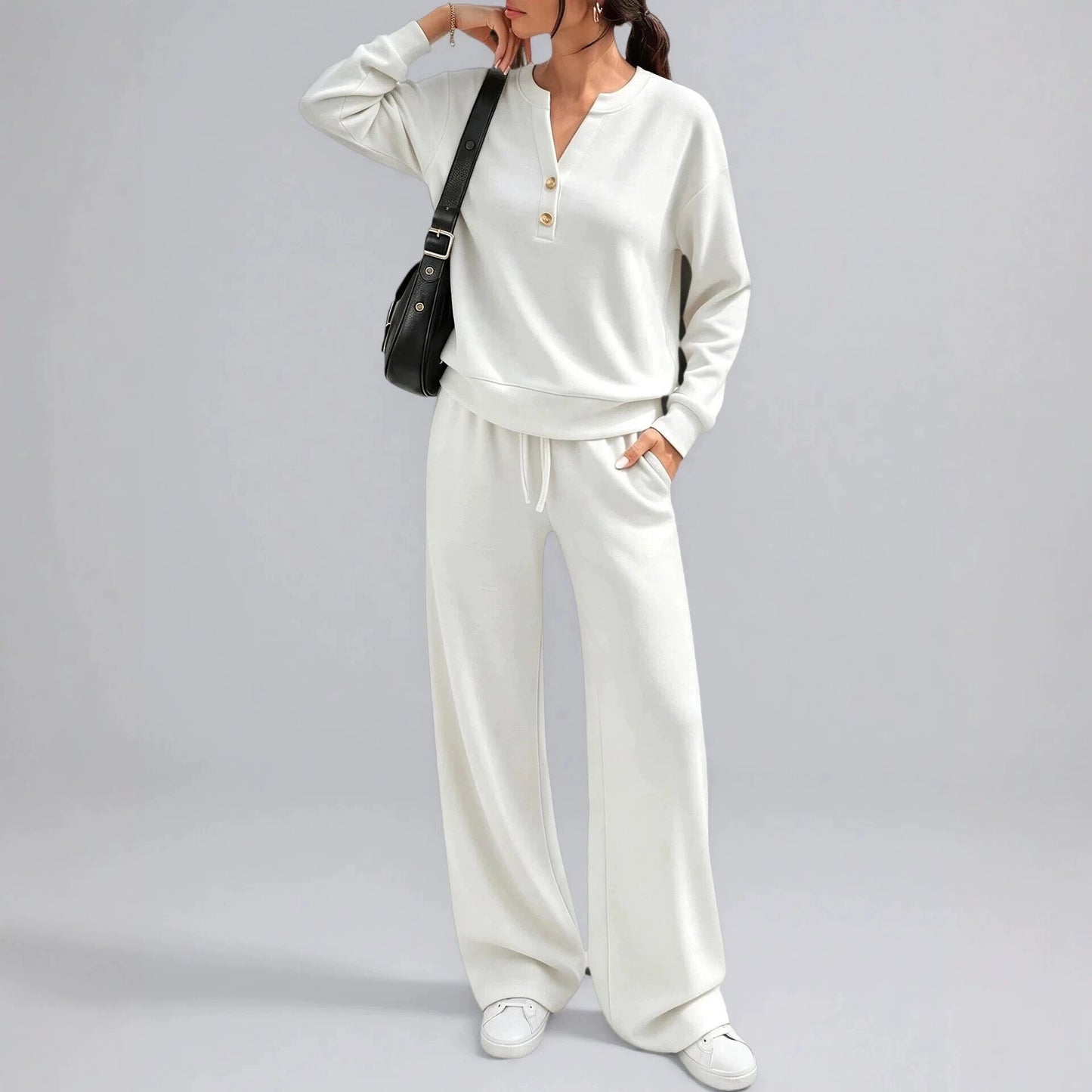Women's Matching Lounge Set Henley Top Wide Leg Pants