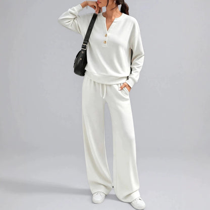 Women's Matching Lounge Set Henley Top Wide Leg Pants