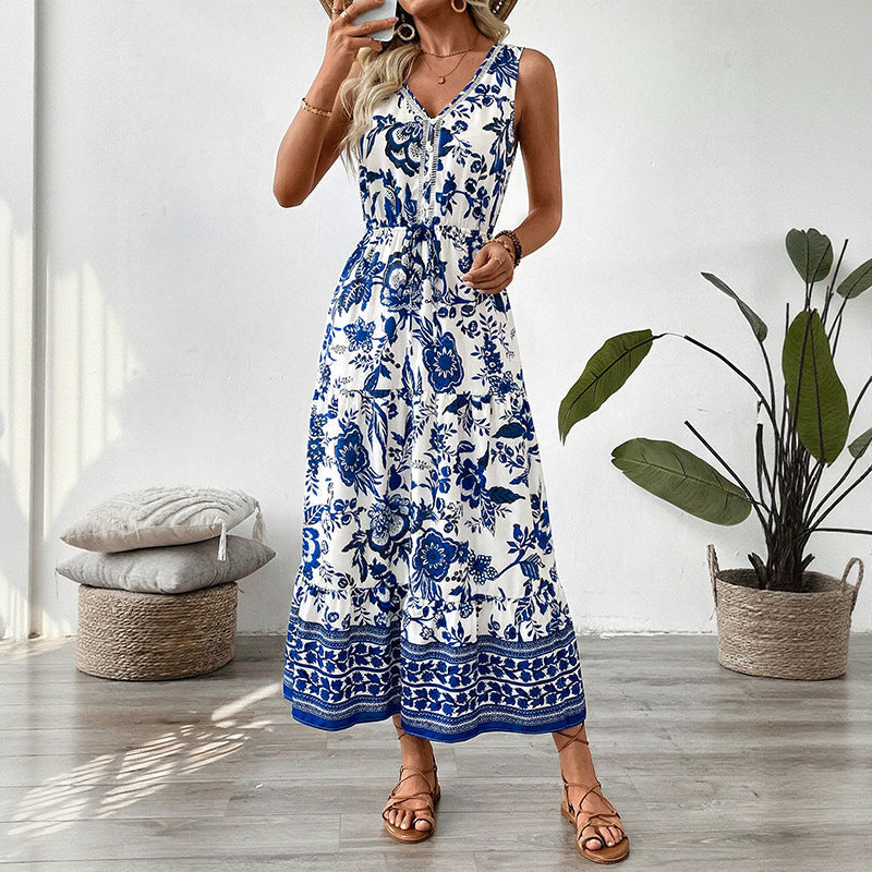 Boho Blue Floral V Neck Sleeveless Maxi Dress