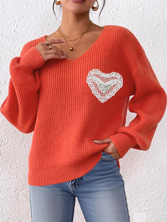 V Neck Knit Pullover Sweater with Lace Heart Detail
