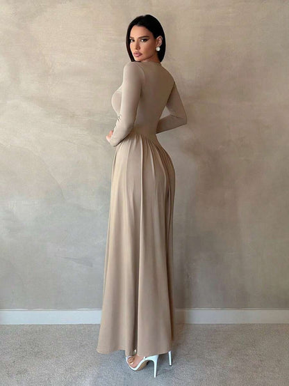Crew Neck Long Sleeve Fit and Flare Maxi Dress