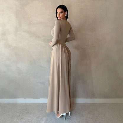 Crew Neck Long Sleeve Fit and Flare Maxi Dress
