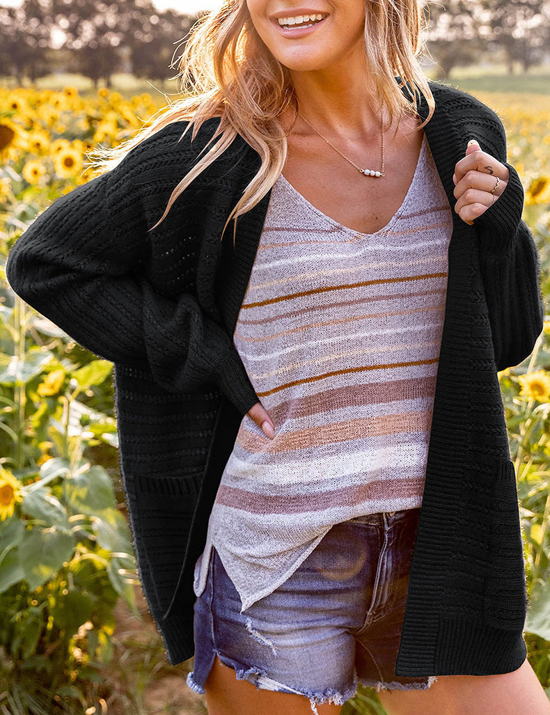 Women's Open Front Balloon Sleeve Cardigan with Pockets