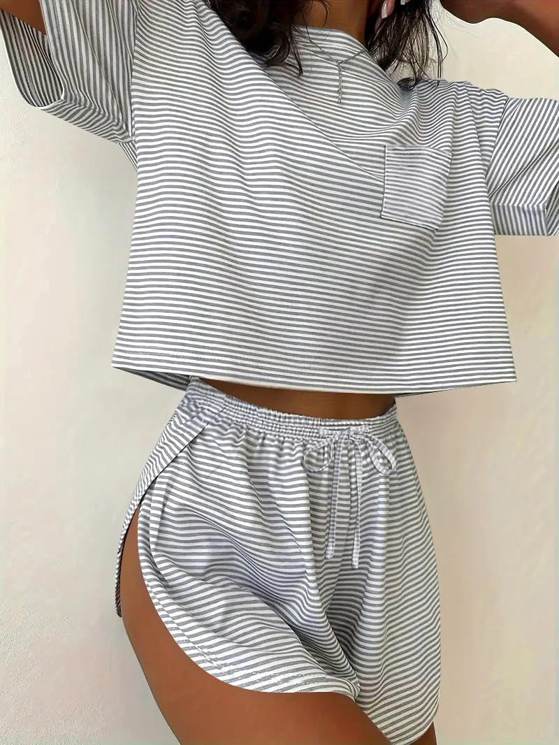 Stripe Lounge Pajama Set Tee & Drawstring Shorts