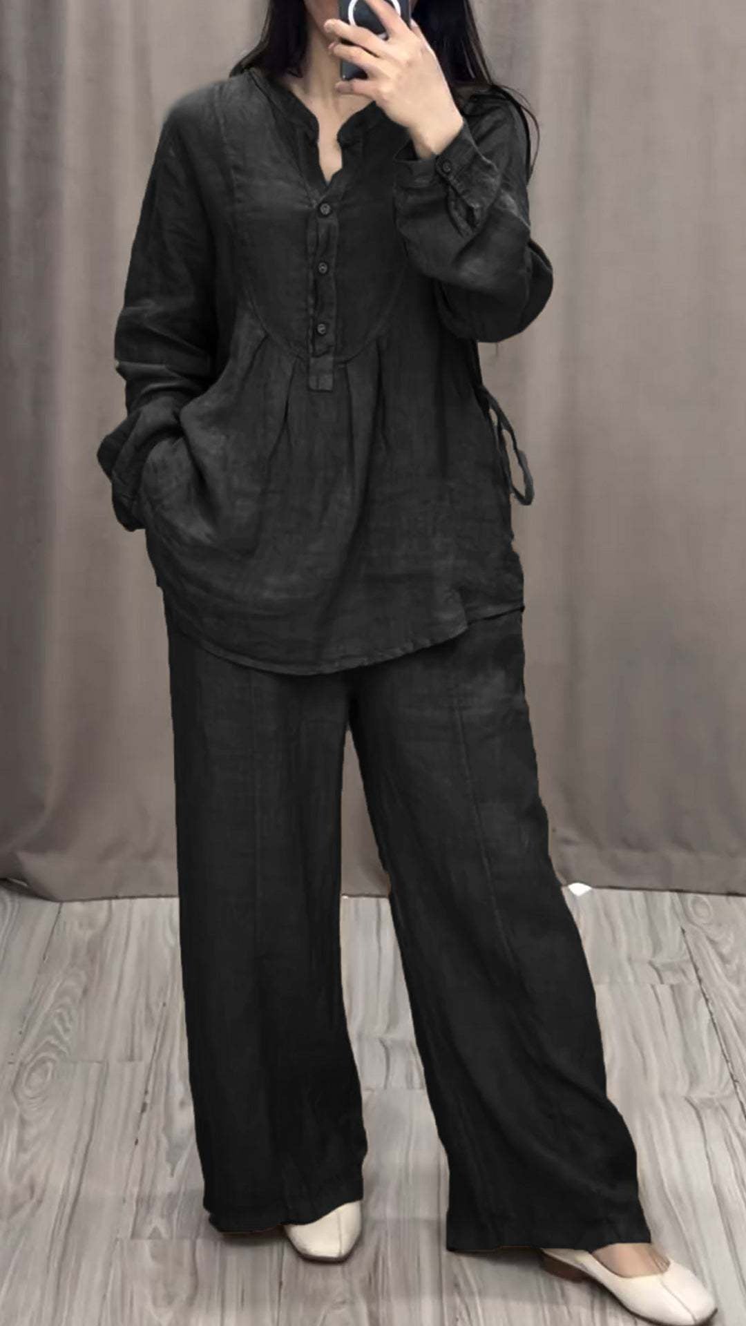 Women's Linen Matching Set Wide Leg Pants Button Up