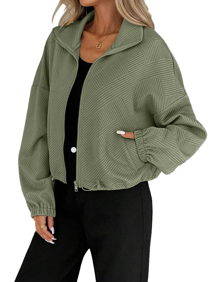 Textured Zip Up Bomber Jacket Drawstring Hem Casual Coat