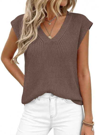 V Neck Knit Sweater Vest Sleeveless Loose Summer Top