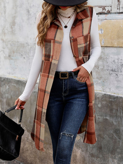 Plaid Longline Vest Lapel Button Front Pockets