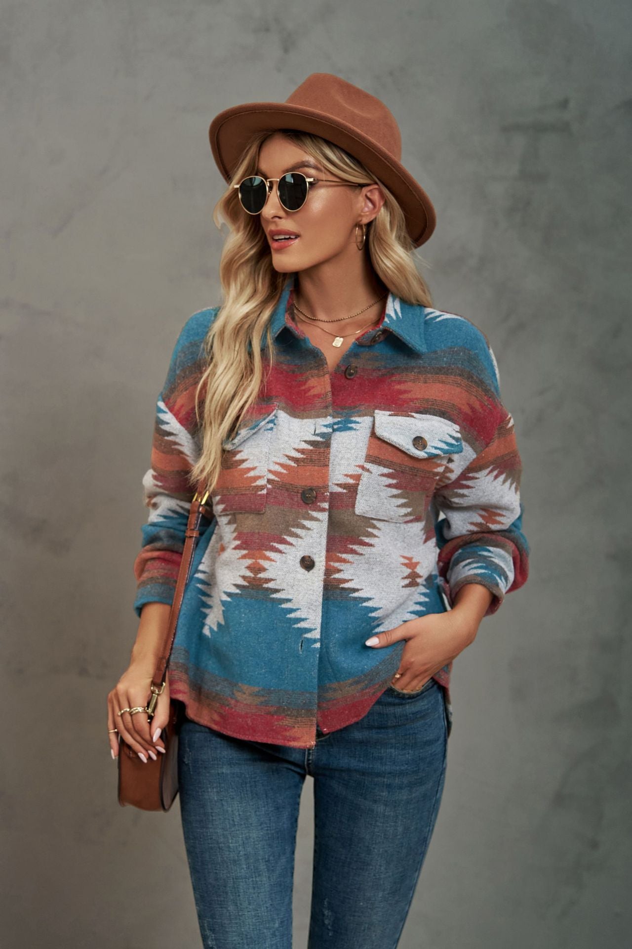 Women's Aztec Shacket Oversized Button Front Jacket