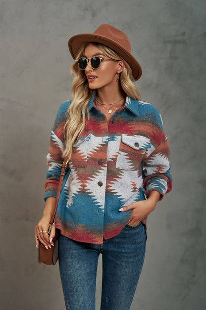 Women's Aztec Shacket Oversized Button Front Jacket