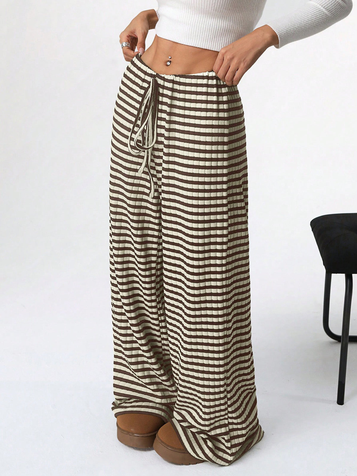 Women's Striped Drawstring Baggy Wide Leg Pants