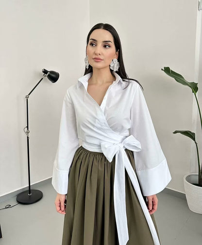 Women's Tie Front Long Sleeve Crop Blouse