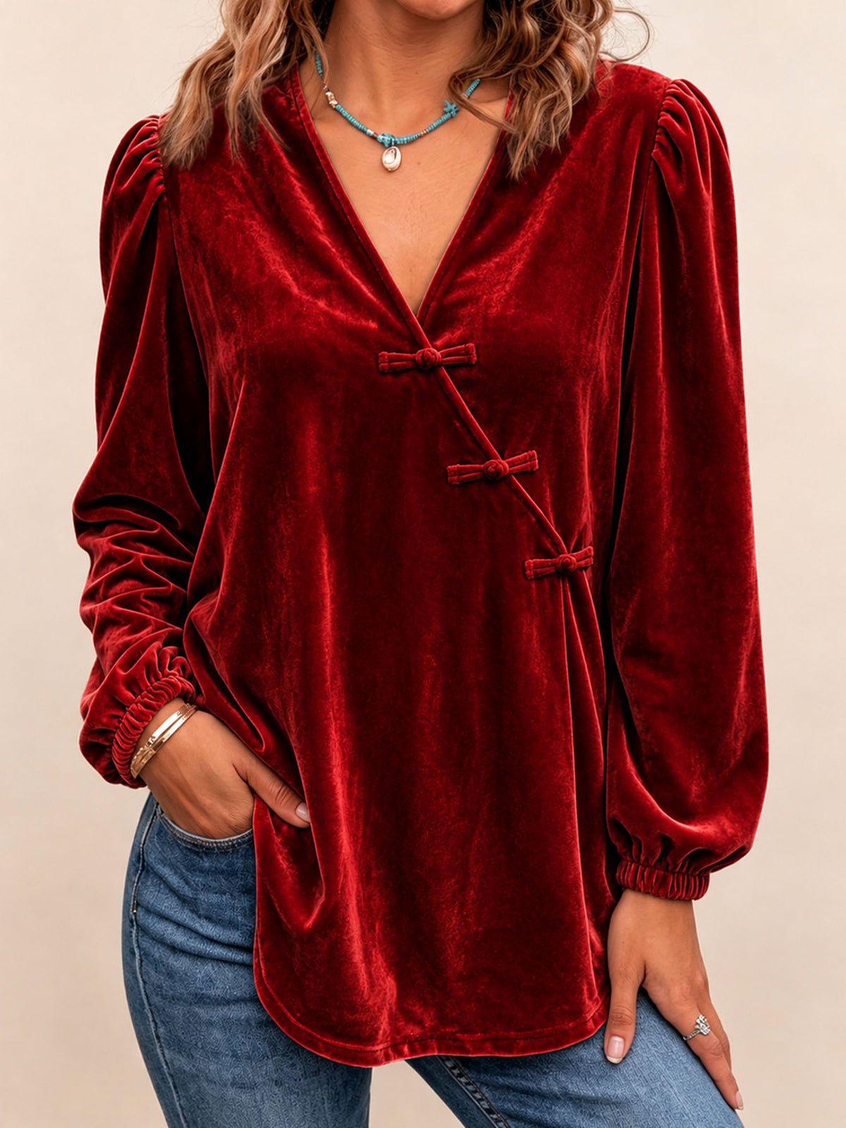 Women's Velvet V-Neck Puff Sleeve Boho Loose Top