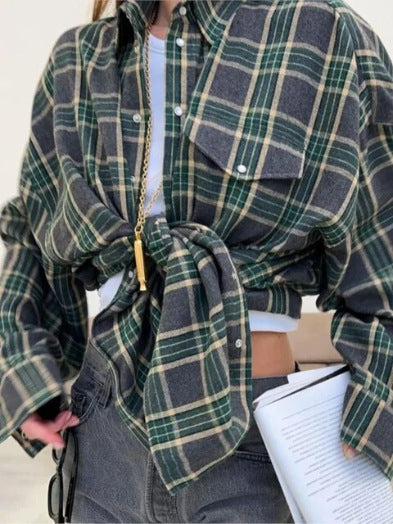Women's Oversized Plaid Long Sleeve Button Down Shirt
