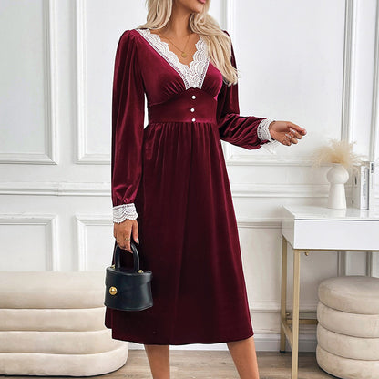 Party Velvet Dress Autumn and Winter Lace Stitching Contrasting Dress Dress