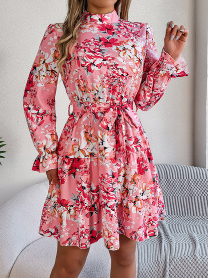 Elegant Floral High Neck Ruffle Waist A-Line Dress