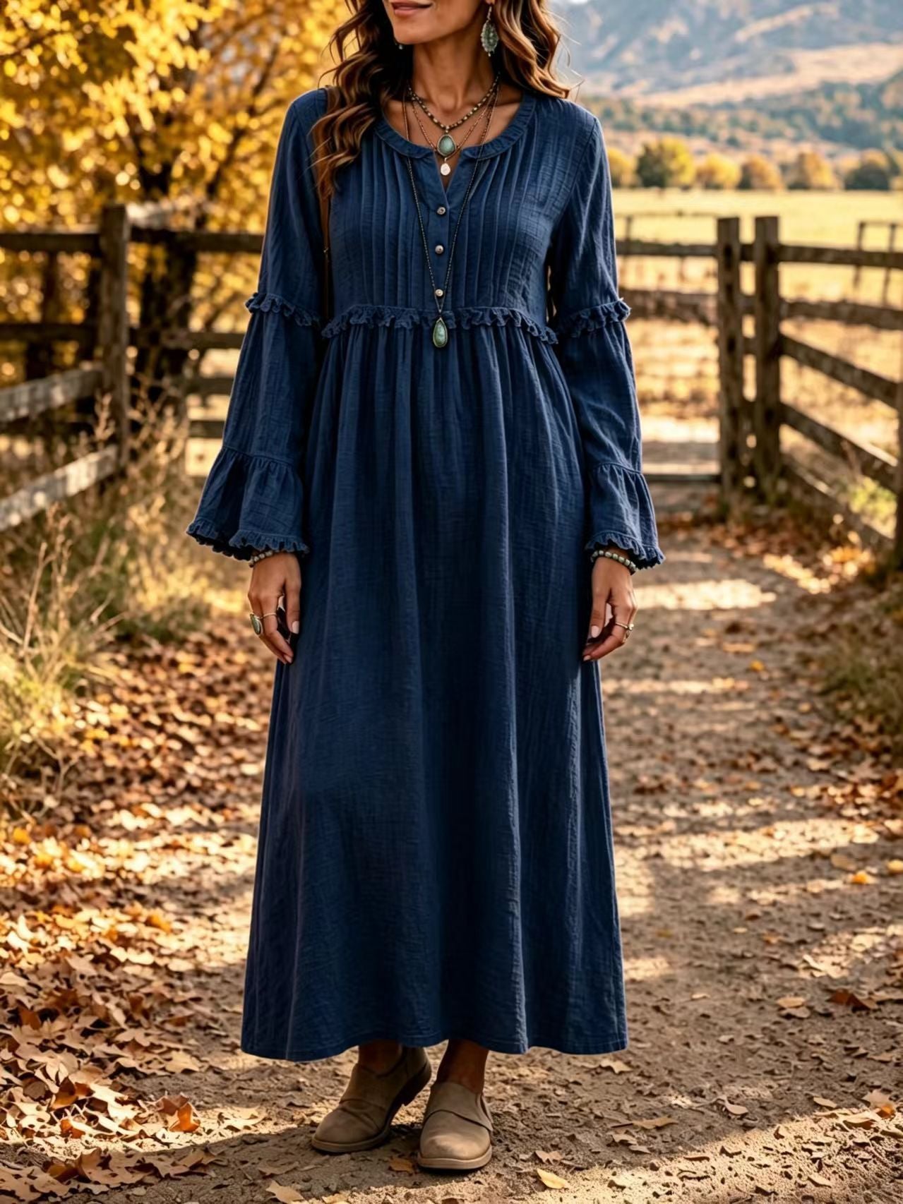 Women's Ruffle Maxi Dress V Neck Button Long Sleeve Boho