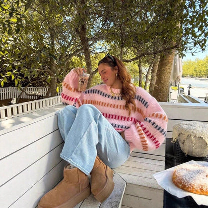 Oversized Chunky Knit Color Block Batwing Sweater