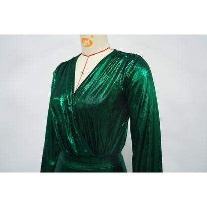Sexy Metallic V-Neck Long Sleeve Flare Jumpsuit