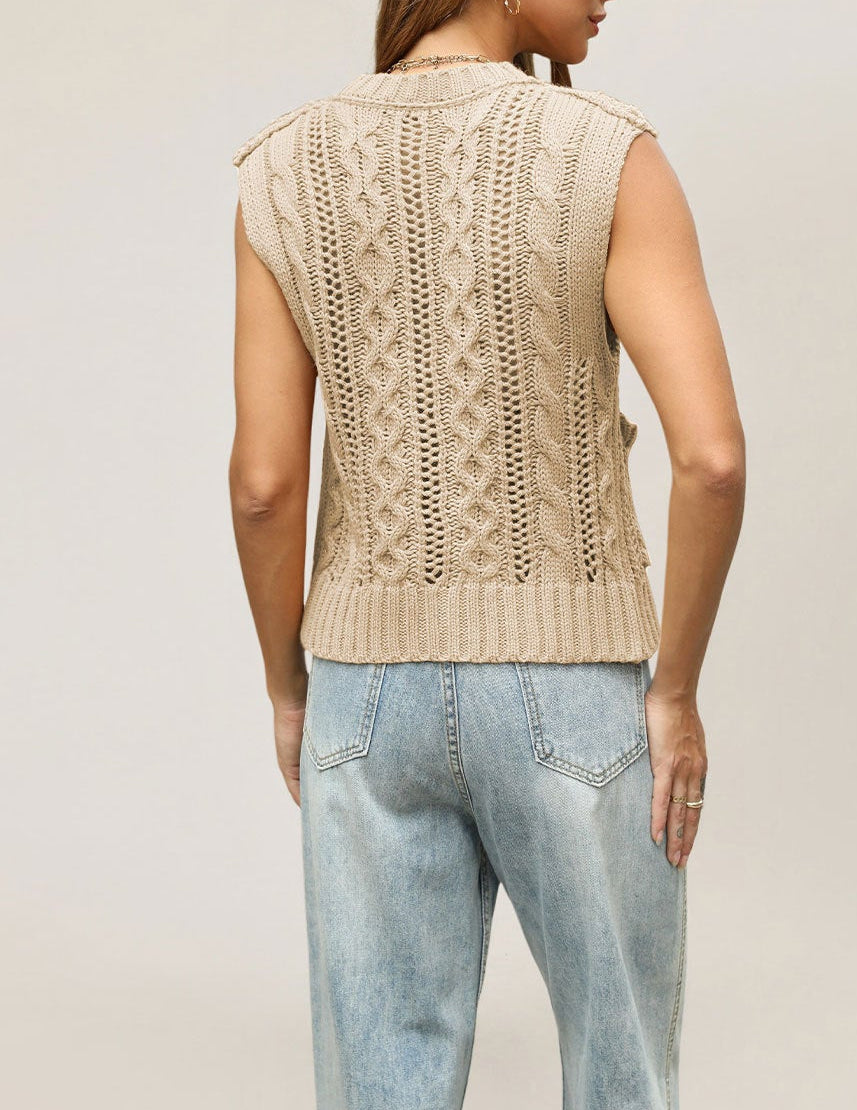 Cable Knit Sweater Vest Button Front Sleeveless Cardigan
