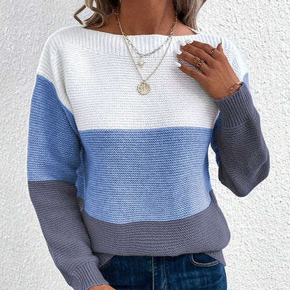 Women's Color Block Crew Neck Knit Pullover Sweater