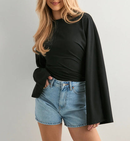 Women's Batwing Long Sleeve Cinched Waist Crew Neck Top