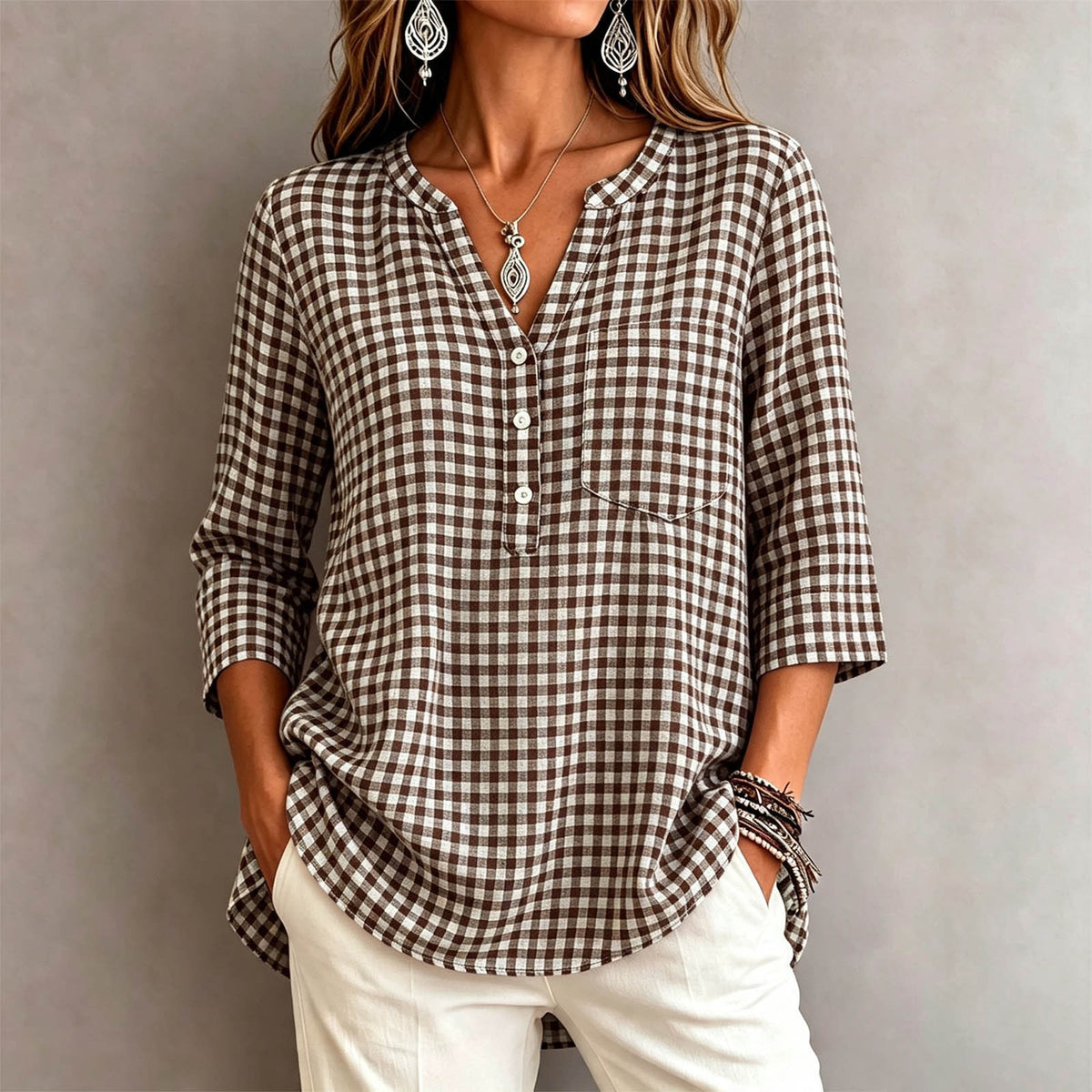 Women's Gingham V Neck 3/4 Sleeve Loose Casual Blouse