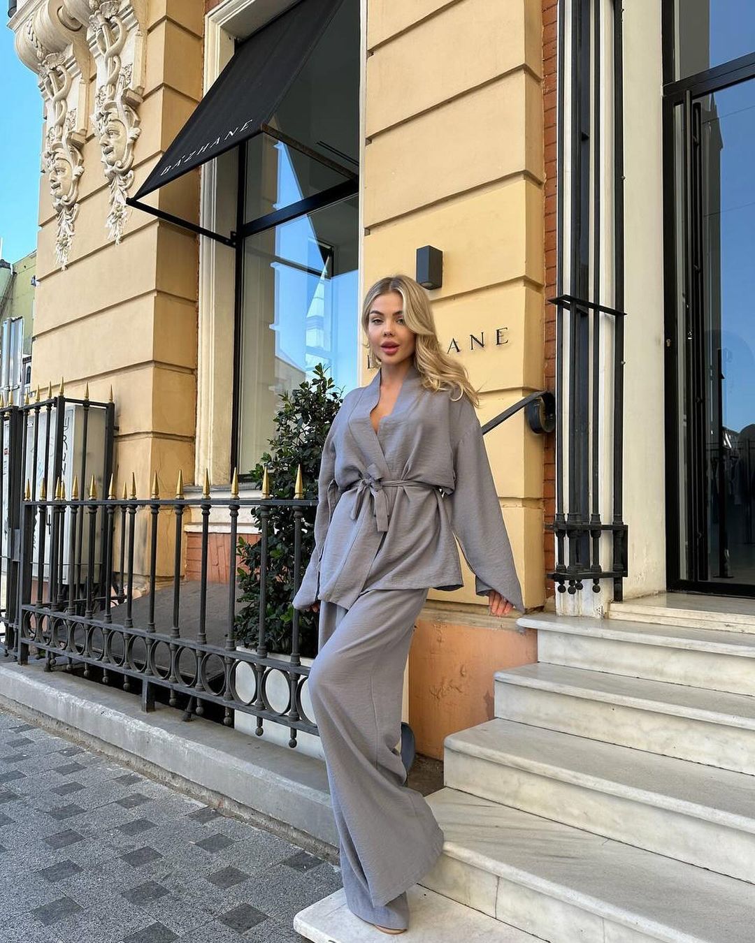 Women's Belted Wrap Top and Pants Two Piece Set