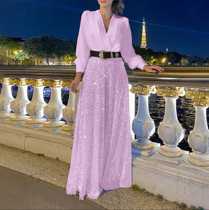 Sequin Jumpsuit Women V Neck Wide Leg Belted Long Sleeve