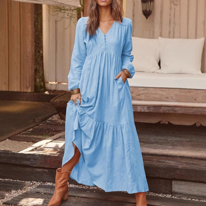 Women's Long Sleeve V-Neck Button Tiered Maxi Dress Pockets