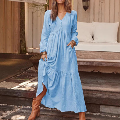 Women's Long Sleeve V-Neck Button Tiered Maxi Dress Pockets