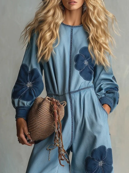 Women's Floral Denim Jumpsuit Wide Leg Loose Long Sleeve