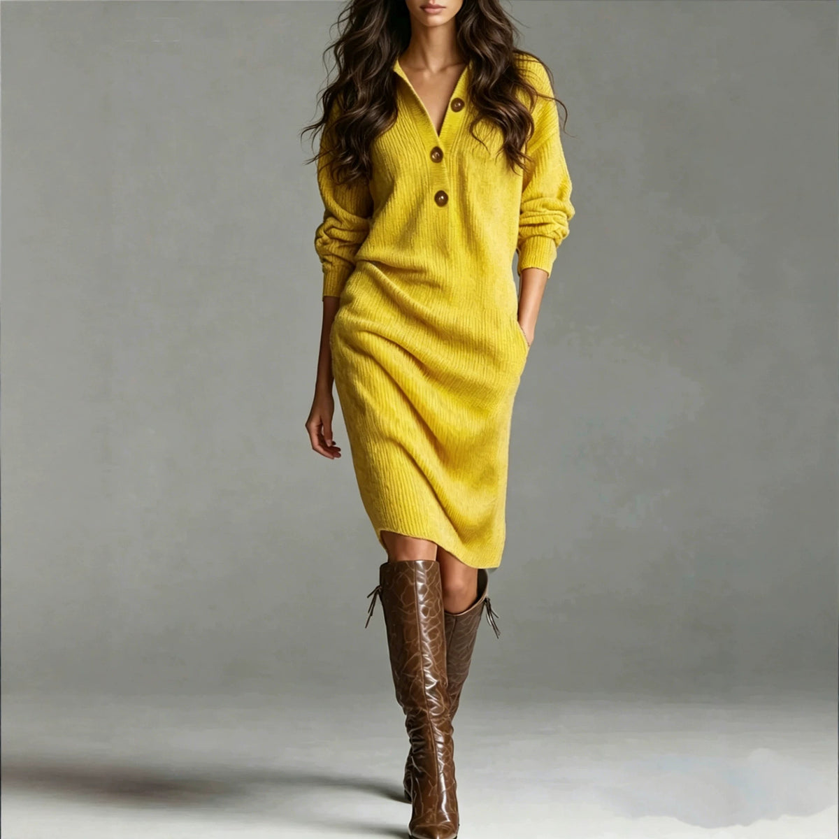 Polo Collar Button Front Midi Sweater Dress with Pockets