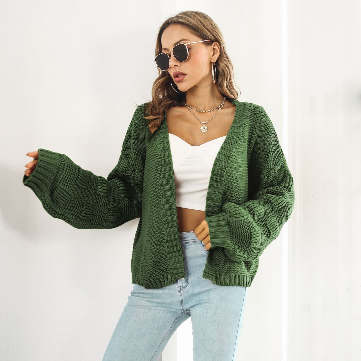 Oversized Chunky Knit Cardigan Open Front Lantern Sleeve