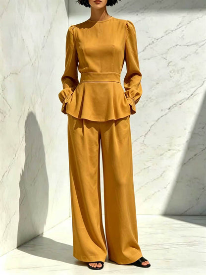 Women's Puff Sleeve Peplum Top Wide Leg Pants Set