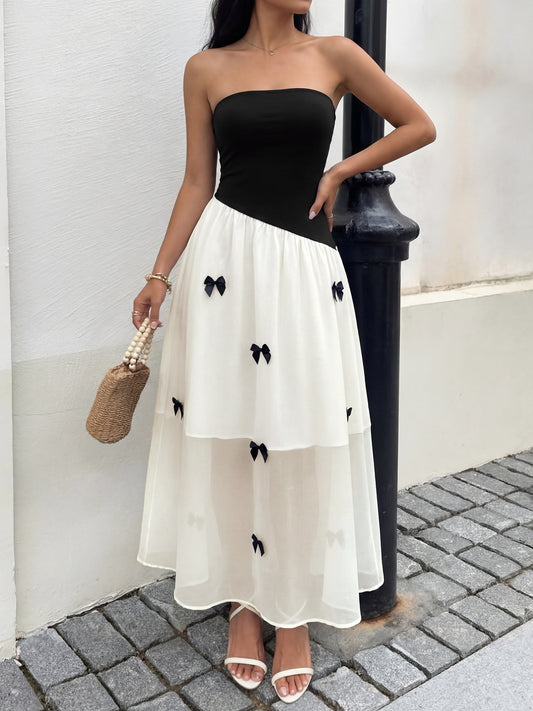 Color Block Strapless Maxi Dress Bow Detail Y2K Summer