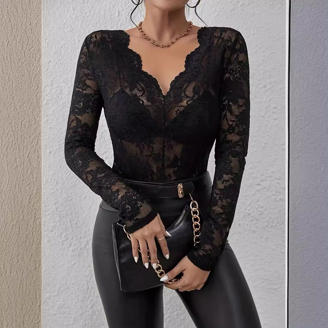 Sexy Lace Fan-Shaped Floral Top Sheer Bottoming Shirt