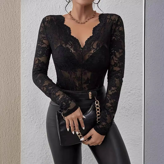 Sexy Lace Fan-Shaped Floral Top Sheer Bottoming Shirt
