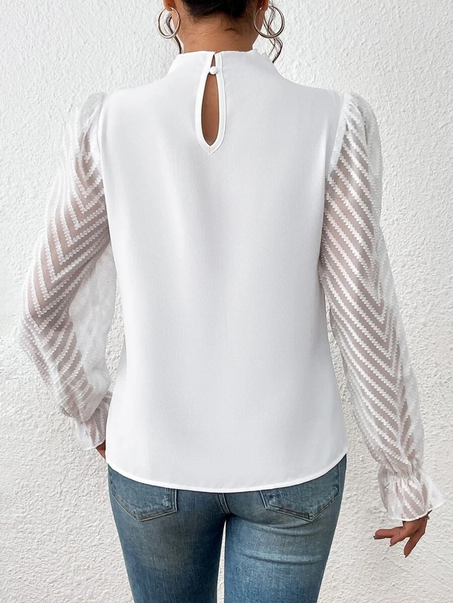 Mock Neck Chiffon Blouse Lace Sleeve Elegant Work Top