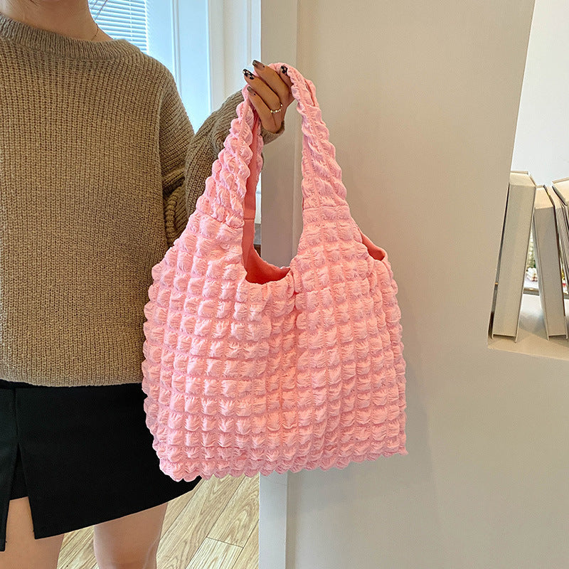 Textured Bubble Knit Shoulder Tote in Rose Pink