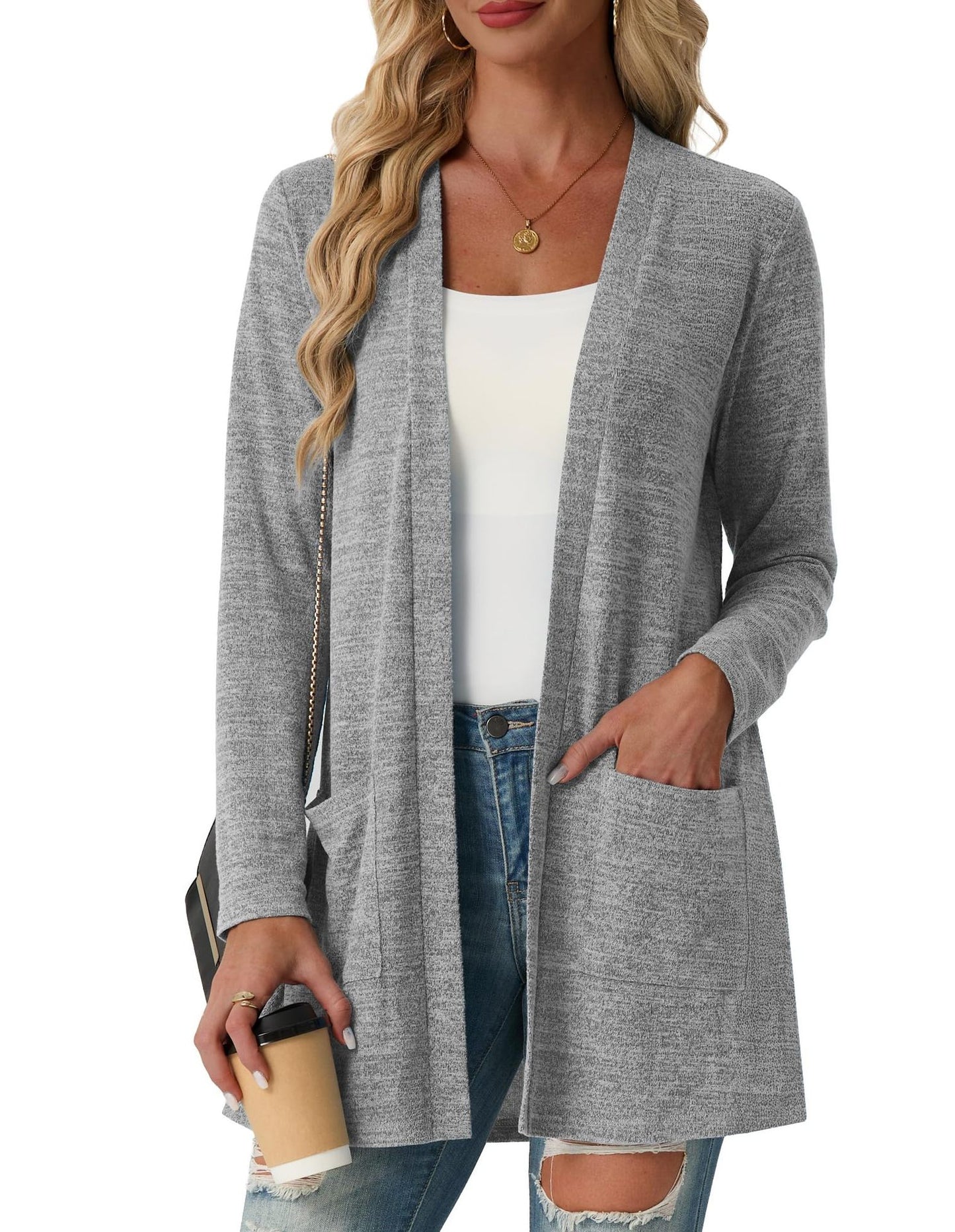 Women's Open Front Knit Cardigan with Pockets Long Sleeve