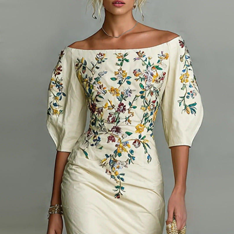 Off Shoulder Floral Midi Dress Puff Sleeve Bodycon