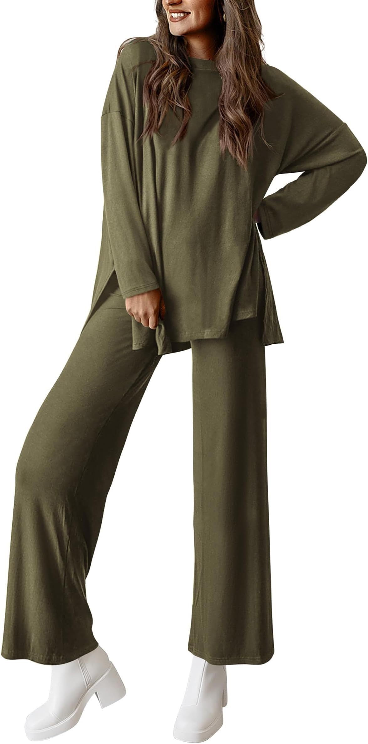 Women's Two Piece Lounge Set Long Sleeve Wide Leg Pants