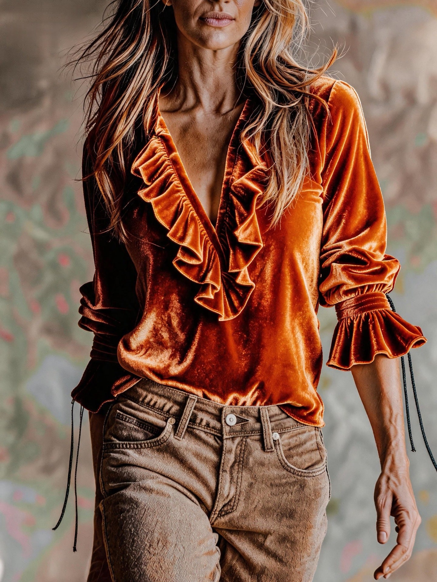 Velvet Ruffle V-Neck Boho Blouse Top