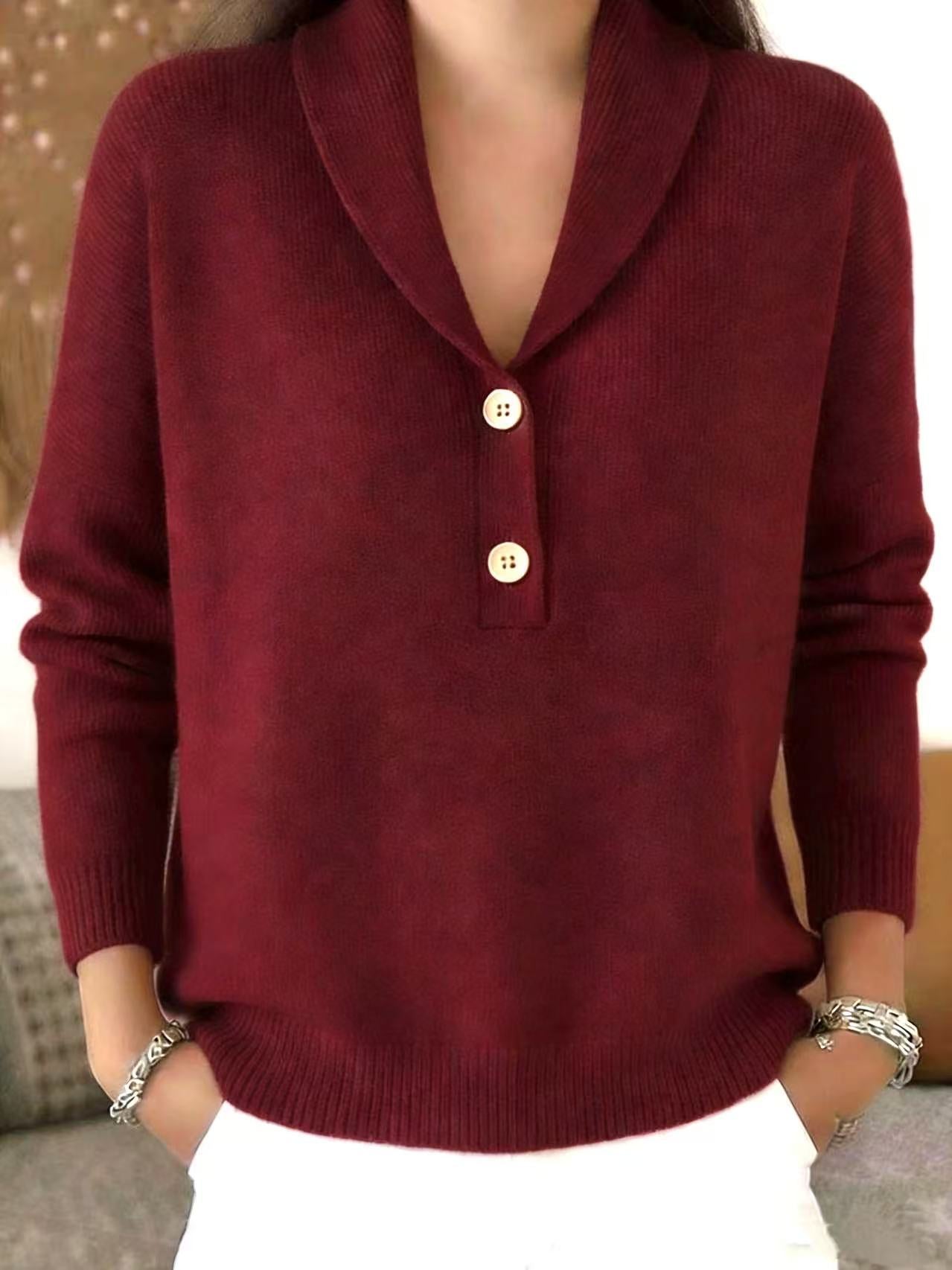 Women's Polo Collar Button Sweater Long Sleeve Casual Top