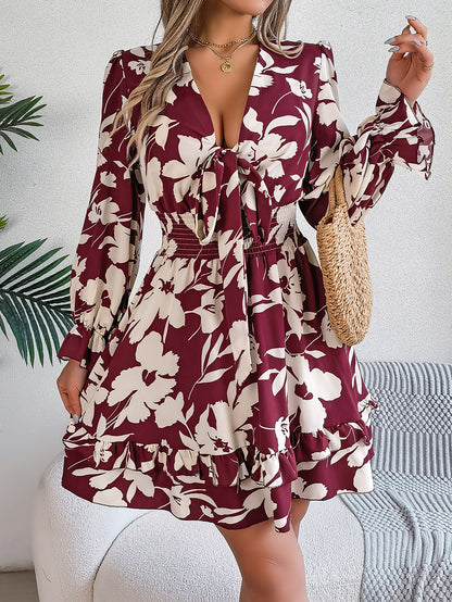 Floral V Neck Long Sleeve Ruffle Mini Dress